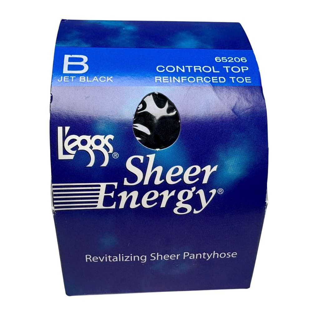 Vintage L'eggs Sheer Energy Pantyhose Control Top Jet Black‎ Size B Reinforced